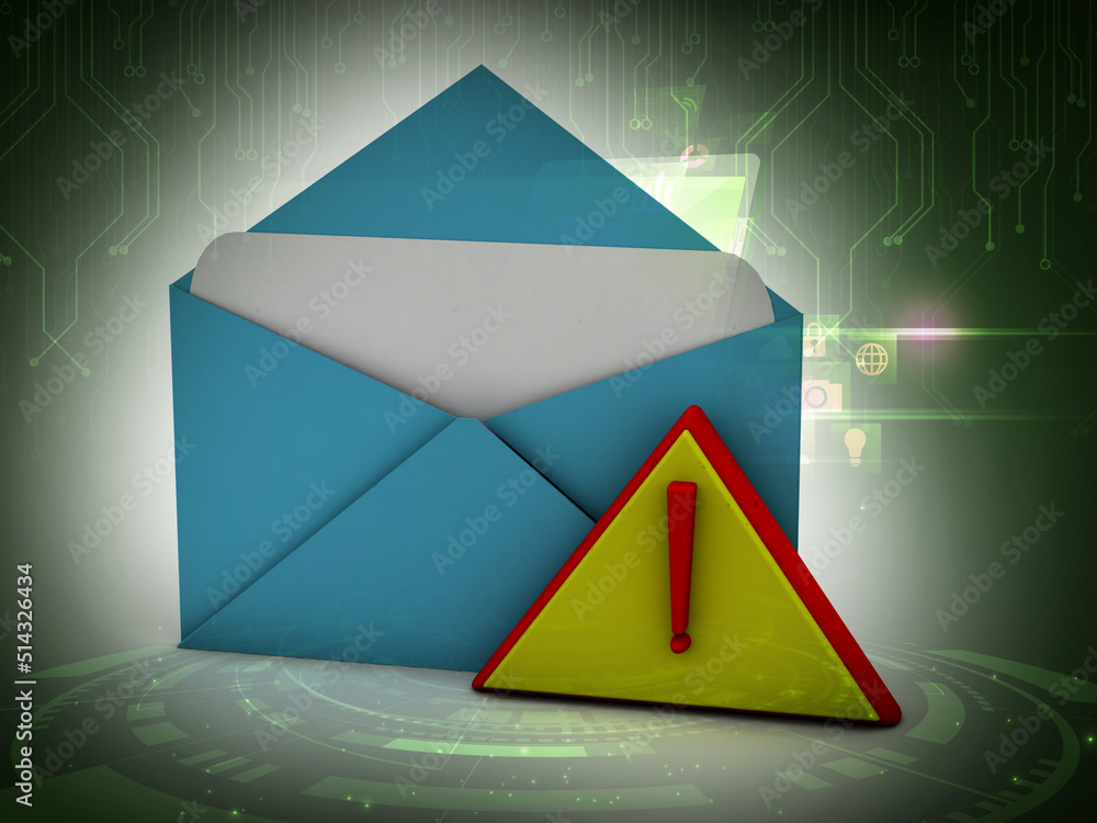 Poster alert email message concept exclamation mark in envelope isolated , 3d rendering