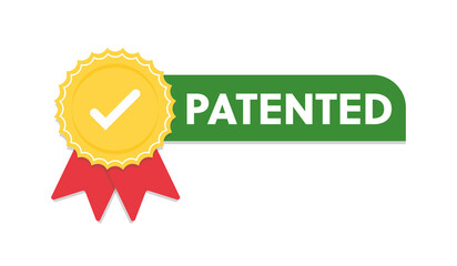 Patented label vector icon, flat cartoon rosette ribbon with patent text symbol, intellectual property protected green badge isolated