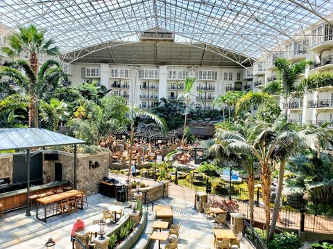 Nashville, Tennessee, U.S - June 26, 2022 - The restaurant and tropical plants inside of Gaylord Opryland Resort and Convention Center
