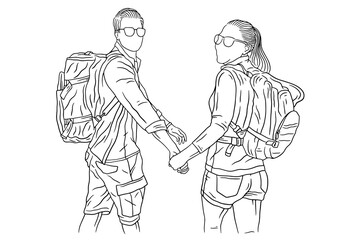 Fototapeta na wymiar Happy Couple Adventure Explore Trip Mountain Climber Camping Romance Journey Sport Line Art Hand Drawn