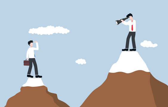 Doing business without underestimating competitor, 
strategy to sustain growth among competitive market concept, Entrepreneur businessman using telescope to look at competitor on mountain below. 