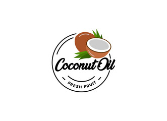 Coconut oil logo. Nature product coconut oil emblem. Ripe coco and half coconut and leaves with letters. Engraving style.