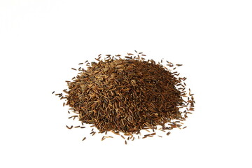 heap of organic indian aromatic spice black cumin or kali jiri seeds,different name in various states in india,white background,top view   