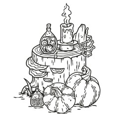 Autumn halloween pumpkin and stump. October composition for postcard or poster