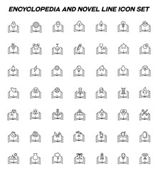 Encyclopedia, science, education signs. High quality symbol for stores, books, articles, sites. Vector line icon set with various items over opened book
