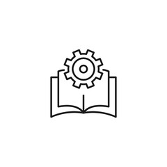 Encyclopedia, science, education signs. High quality symbol for stores, books, articles, sites. Editable stroke. Vector line icon of gear or cogwheel over opened book