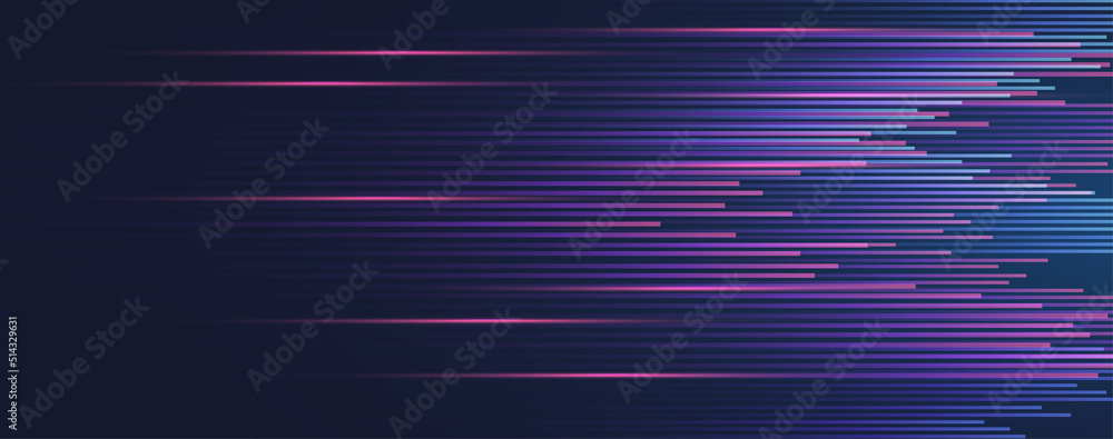 Poster Multicolored light trails abstract. Motion blur effect, separated lines on dark violet background