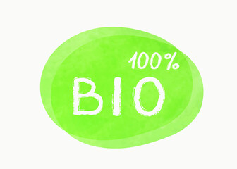 Vector illustration of a green hand drawn food label with text - 100 % bio isolated on a white background.