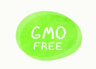 Vector illustration of a green hand drawn food label with text - gmo free isolated on a white background.