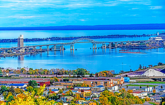 Views of Duluth Minnesota on Saint Louis River from Skyline Parkway with Blatnik Bridge .