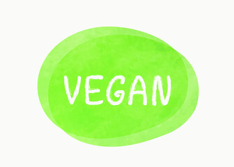 Vector illustration of a green hand drawn food label with text - vegan isolated on a white background.
