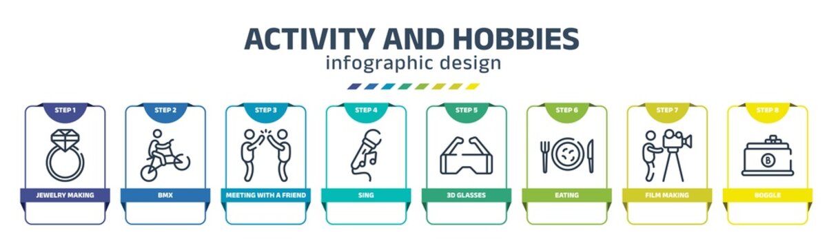 Activity And Hobbies Infographic Design Template With Jewelry Making, Bmx, Meeting With A Friend, Sing, 3d Glasses, Eating, Film Making, Boggle Icons. Can Be Used For Web, Banner, Info Graph.