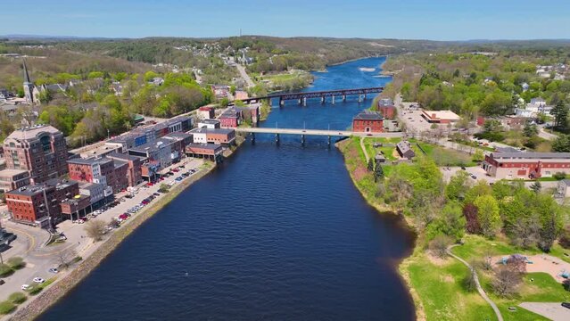 Memorial Bridge aerial view over Kennebec River in historic downtown of Augusta, Maine ME, USA. 