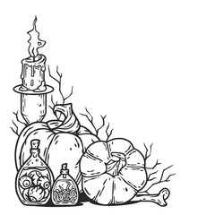 Fototapeta na wymiar Halloween autumn corner decor with pumpkin and leaves. Happy halloween composition for poster design. Festive invitation and postcard