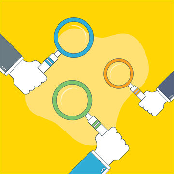 Businessman hand holding a magnifying glass. Concept of searching, detecting and analyzing. Vector design in thin line.