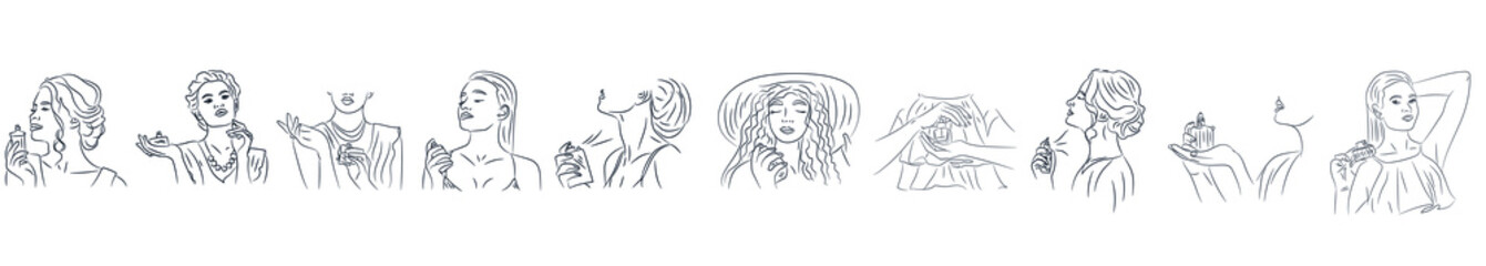 Different beautiful women with perfumes on white background