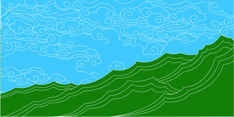 Traditional drawing of clouds and mountains vector