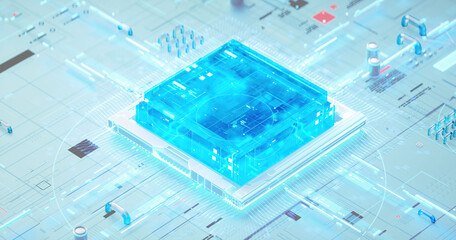 3D rendering of cyberpunk AI. Circuit board. Technology background. Central Computer Processors CPU and GPU concept. Motherboard digital chip. Tech science background.