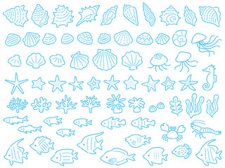 水色の海の生き物の線画イラストセット