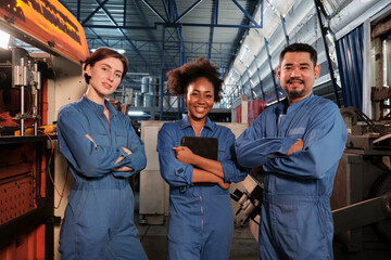 Cheerful multiracial industry workers in safety uniforms line up and arms crossed together after work success and express smiles and happiness in mechanical factory. Professional engineer occupation.