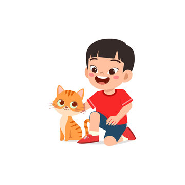 little kid play with little cat together
