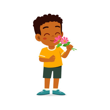 little kid holding flower with good smell