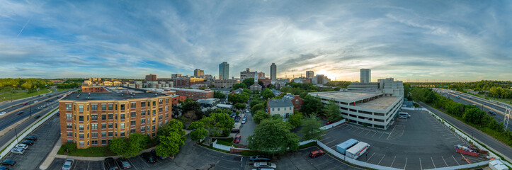 Aerial panoramic view of downtown New Brunswick, New Jersey low rise apartment buildings and first...
