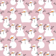 Winter seamless print with snowman and snowflakes for Christmas wrapping paper and fabrics and kids