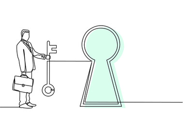 Continuous one line drawing of a businessman carrying a key with a padlock around. Lock and padlock icon. The concept of achieving keys to success, solutions and opportunities in doodle style.