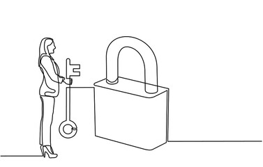 Continuous one line drawing of a businesswoman carrying a key with a padlock around. Lock and padlock icon. The concept of achieving keys to success, solutions and opportunities in doodle style.