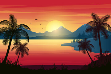 Tropical Sunset Beach With Palm Trees, bright sky and mountain