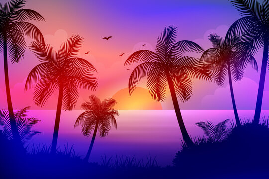 Tropical Beach at Sunset With Palm Trees and bright colorful sky