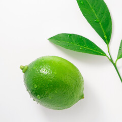 Lime has water drop with leaf isolated on white paper texture , top view , flat lay.