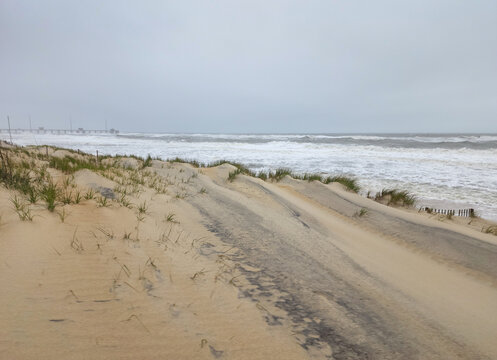 Stormy Atlantic Ocean with Nags Head Beach and Sand Dunes 