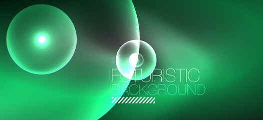 Abstract background with neon glowing light effects. Round shapes, triangles and circles. Wallpaper for concept of AI technology, blockchain, communication, 5G, science, business and technology