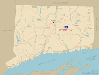 Road map of Connecticut, US American federal state. Editable highly detailed transportation map with highways and interstate roads, rivers and cities realistic vector illustration