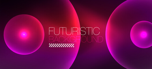 Shiny neon geometric abstract background. Glowing lights on round shapes, triangles and circles. Wallpaper for concept of AI technology, blockchain, communication, 5G, science, business