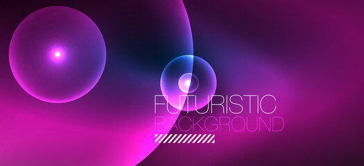 Abstract background with neon glowing light effects. Round shapes, triangles and circles. Wallpaper for concept of AI technology, blockchain, communication, 5G, science, business and technology