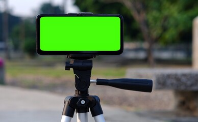 Blank green screen mobile smartphone taking live photo or video on tripod on blurred nature background in social technology concept.  Mockup design