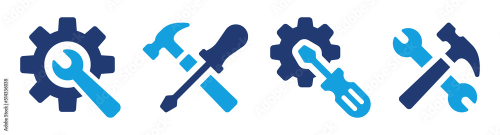 Poster tool icon vector set. maintenance tools with wrench, gear, spanner, hammer and screwdriver symbol il