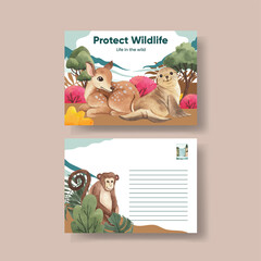 Postcard template with tropical wildlife concept,watercolor style