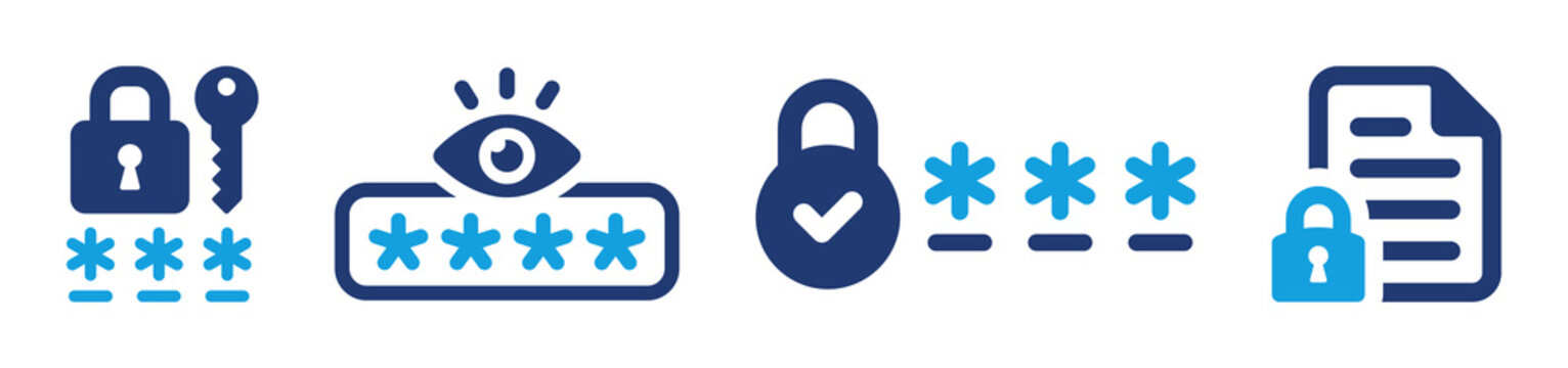 Password security vector icon illustration set. Lock and pin code for safety and protection. Secured file symbol.