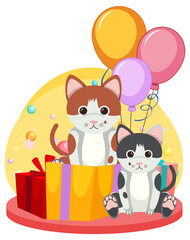 Two cats with gift boxes and balloons