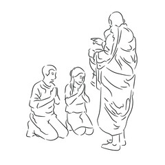 Black and white drawing of monks walking for alms in the morning, vector illustration and design.