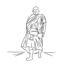 Black and white drawing of monks walking for alms in the morning, vector illustration and design.