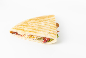 Delicious ham sandwich on white background. healthy ham and cheese with mayonnaise sandwich. Triangle sandwich with ham and cream cheese. Image about fast food.