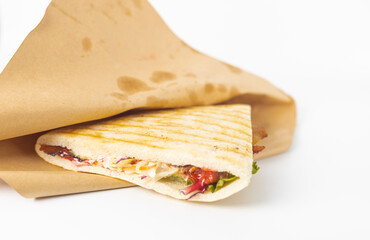 Delicious ham sandwich on white background. healthy ham and cheese with mayonnaise sandwich. Triangle sandwich with ham and cream cheese. Image about fast food.