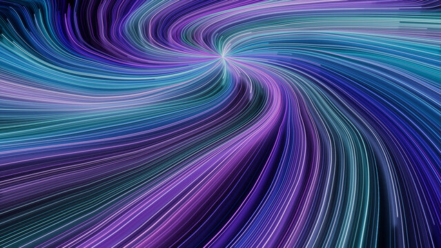 Lilac, Turquoise and Blue Colored Streaks form Wavy Neon Background. 3D Render.