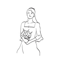 line art half length of smiling bride holding bouquet illustration vector hand drawn isolated on white background