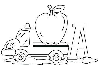 car with apple coloring page or book for kids